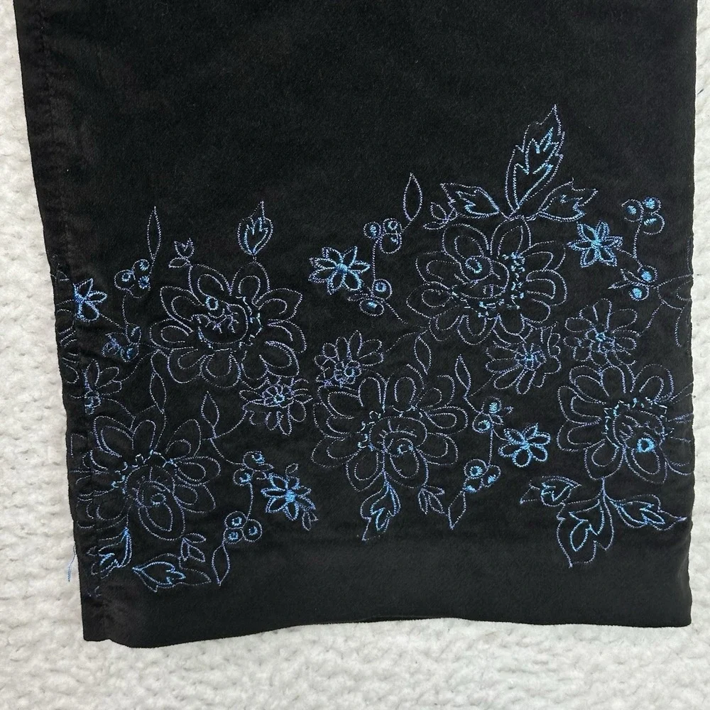 Sigrid Olsen Sport Black Velvet Pants Wide Leg Floral Embroidery Hem Petite‎ 8P